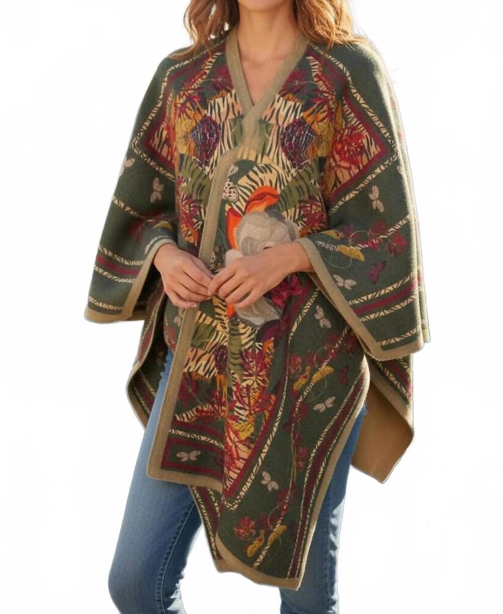 NEW FRANCO FERRARI printed wool poncho cape in green